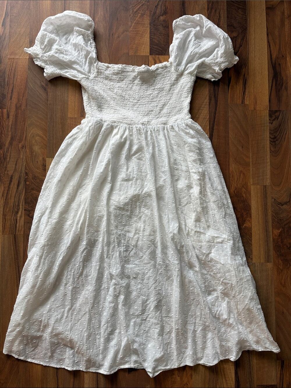 R.YIPOSHA Woman’s XL White Eyelet Puff-Sleeve Midi Dress with Smocked Bodice